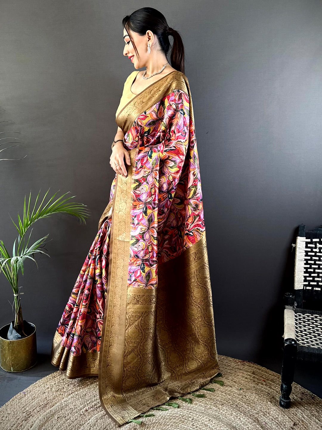 Brown Soft Gadwal Pattu Geometric Saree