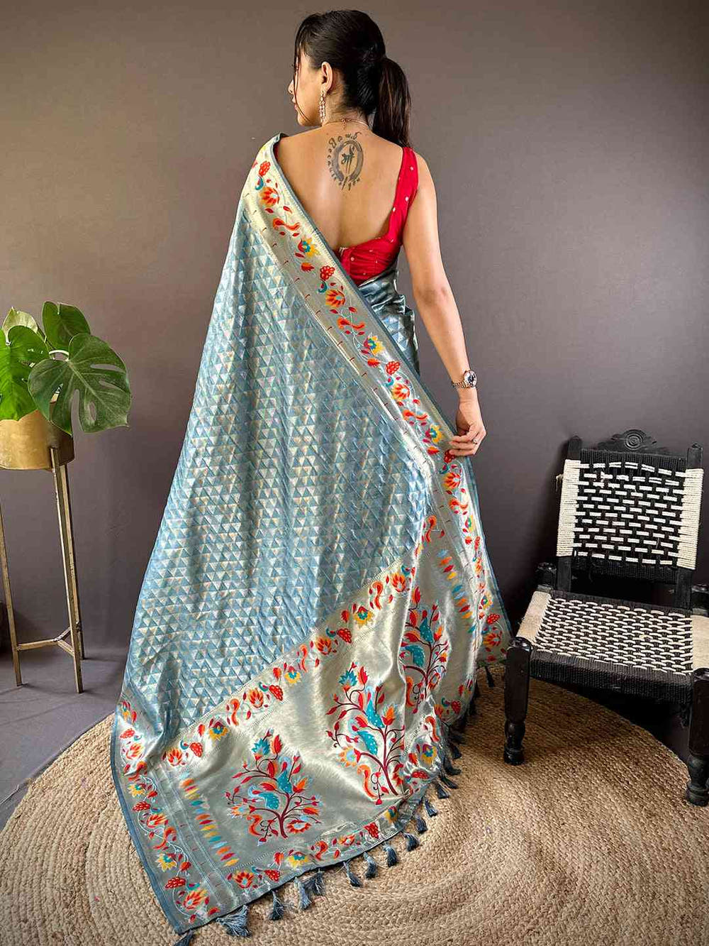 Light Blue Silk Blend Woven Zari Work Paithani Saree
