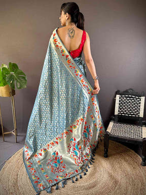 Light Blue Silk Blend Woven Zari Work Paithani Saree
