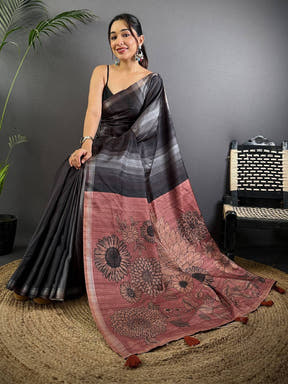 Black Striped Tussar Ghicha Silk Saree

