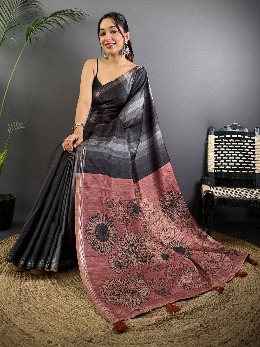 Black Striped Tussar Ghicha Silk Saree