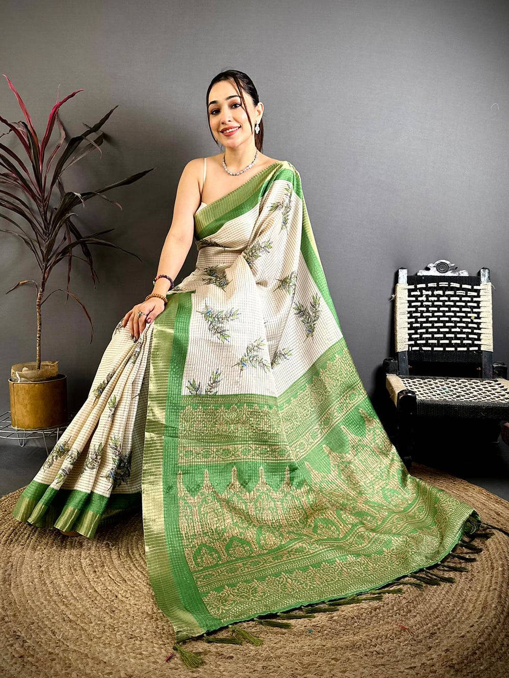 Green Leaf Minakari Tussar Saree