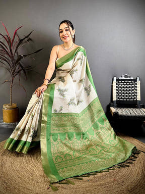 Green Leaf Minakari Tussar Saree
