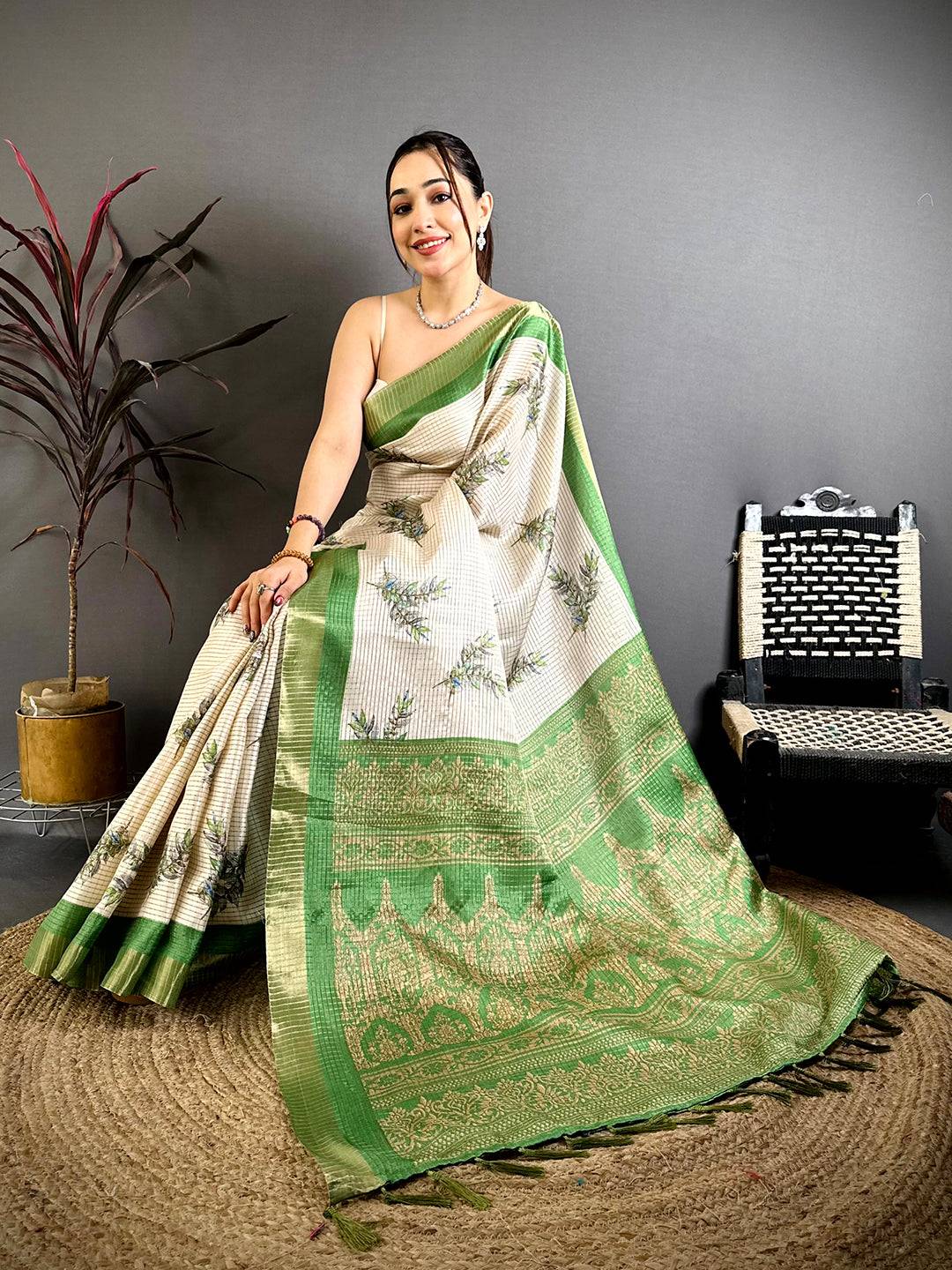 Green Leaf Minakari Tussar Saree