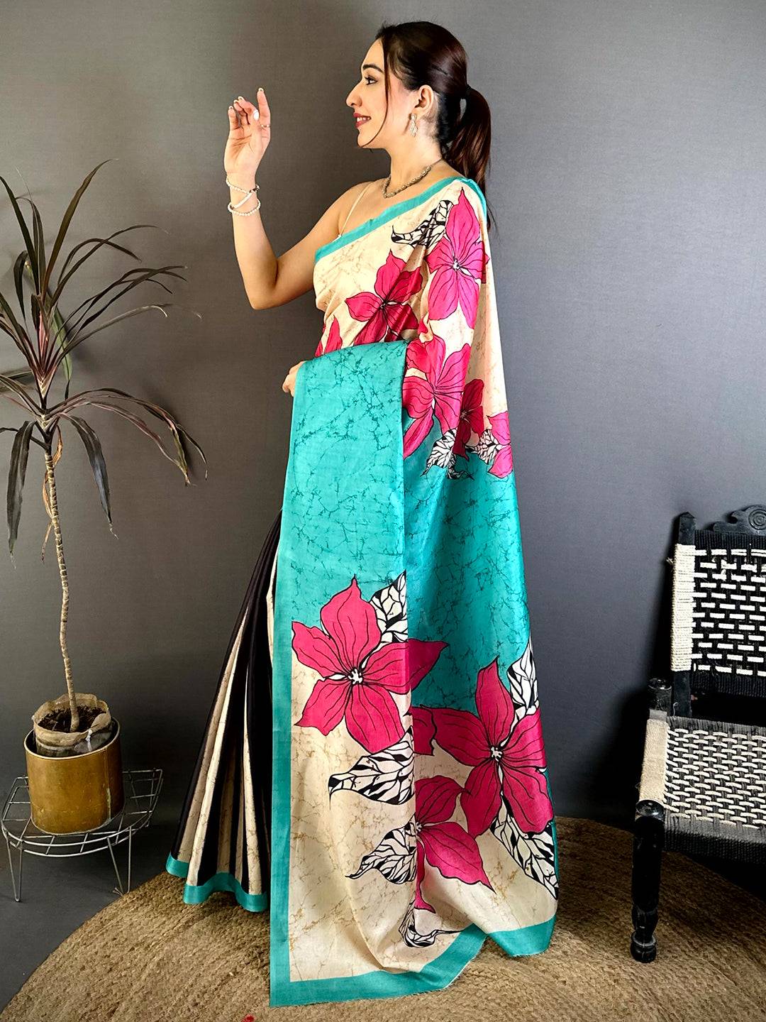 Opulent Tussar Floral Batik Print Saree