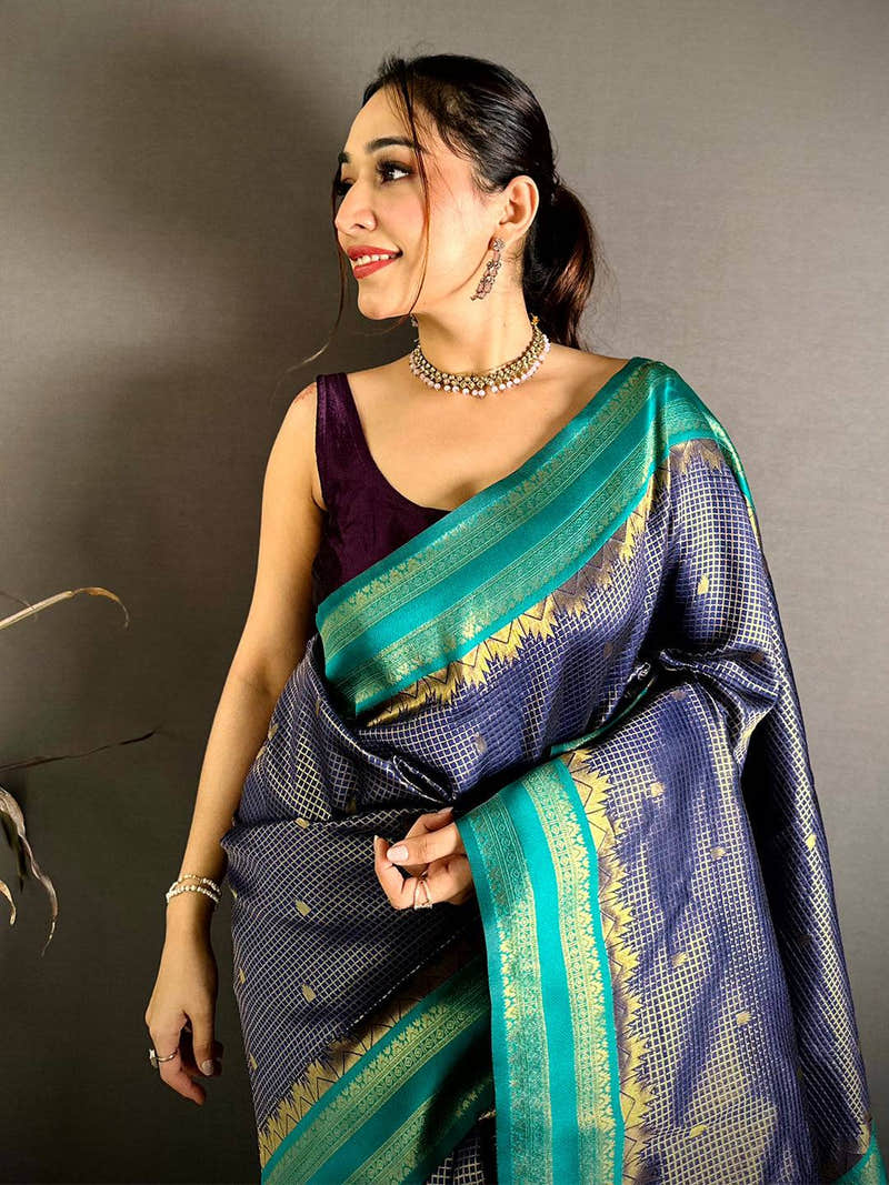 Navy Banarasi Katan Silk Gadwal Zari Saree
