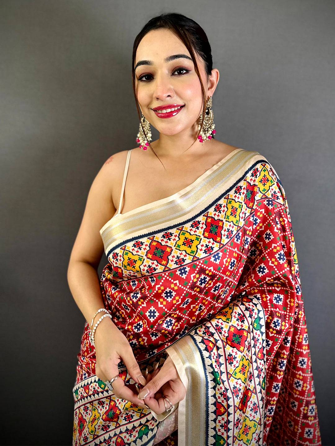 Red Ethnic Digital Ikkat Kanchi Saree