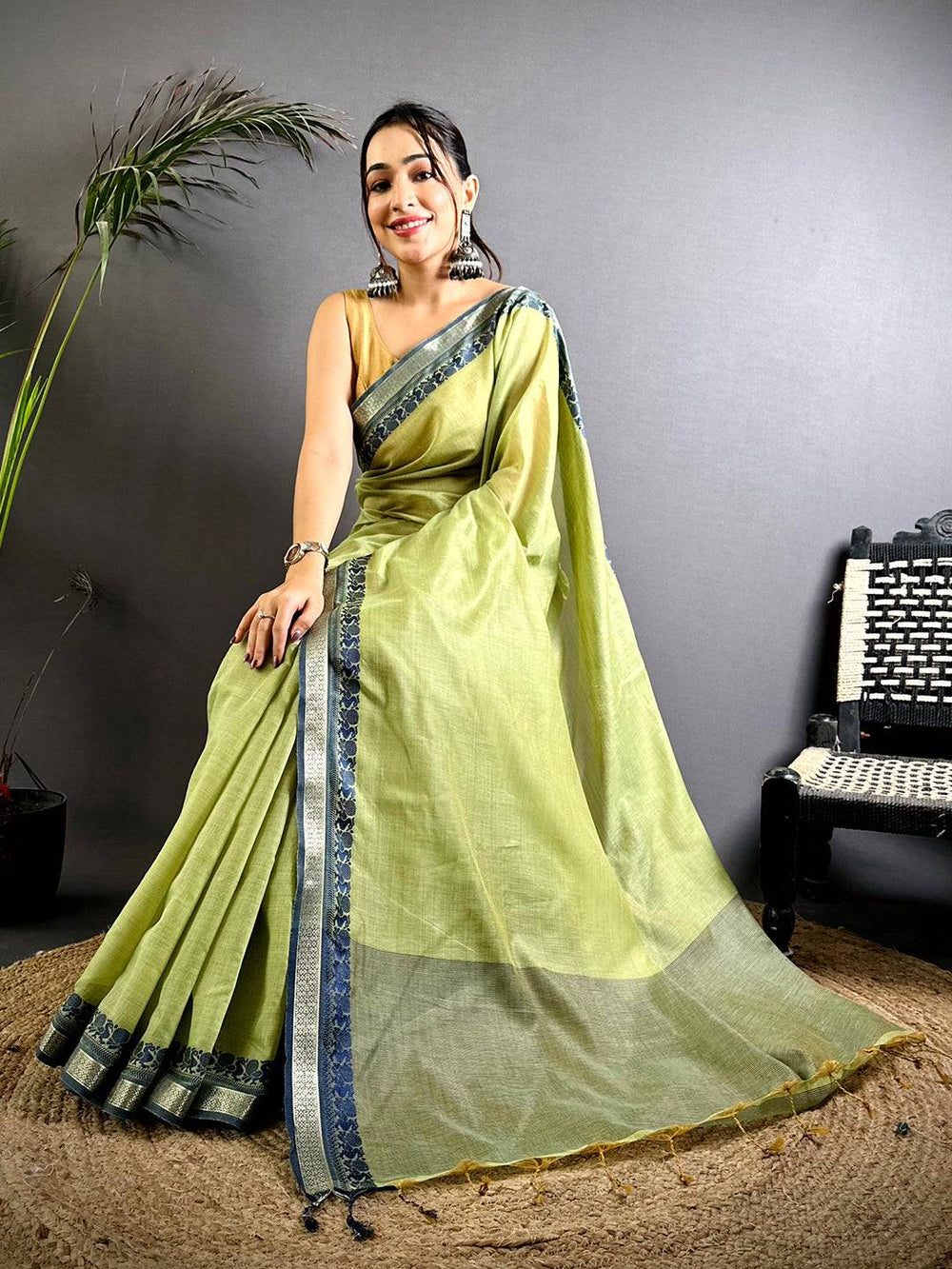 Pure Olive Cotton Linen Saree
