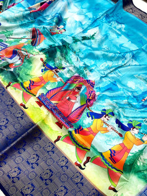 Sky Blue Soft Banarasi Silk Digital Print Saree