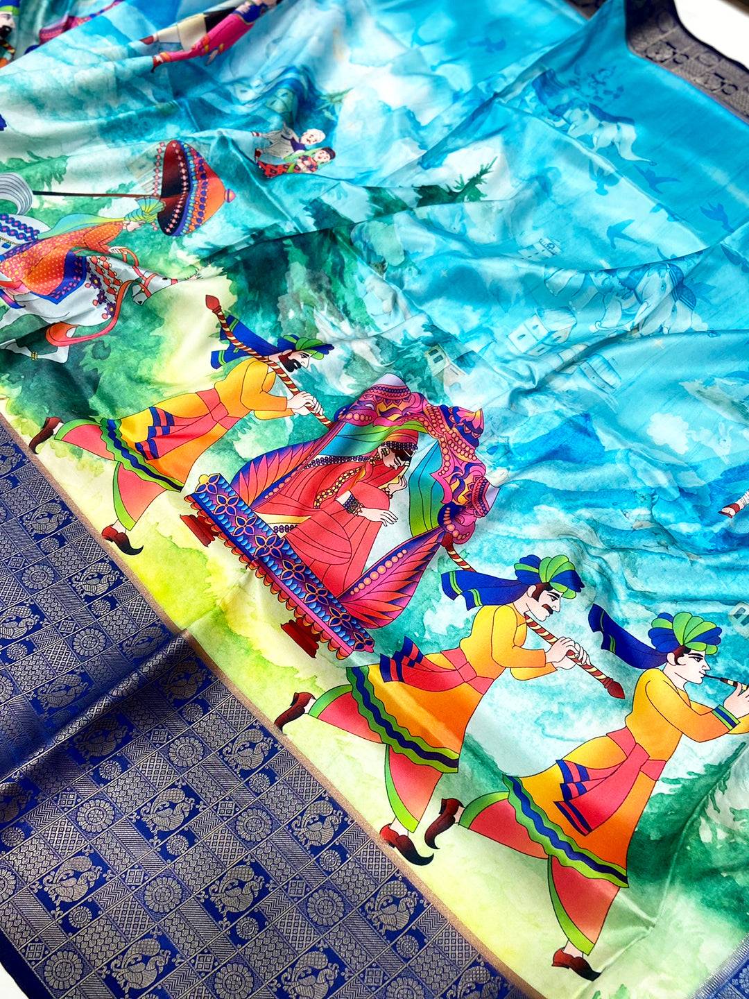 Sky Blue Soft Banarasi Silk Digital Print Saree