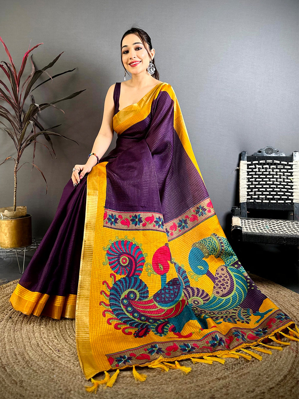 Purple Tussar Zari Chex Kalamkari Saree