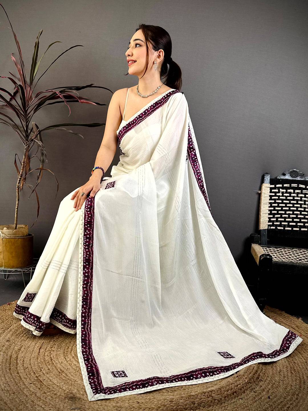 Wine Bandhej Butta Chiffon Saree