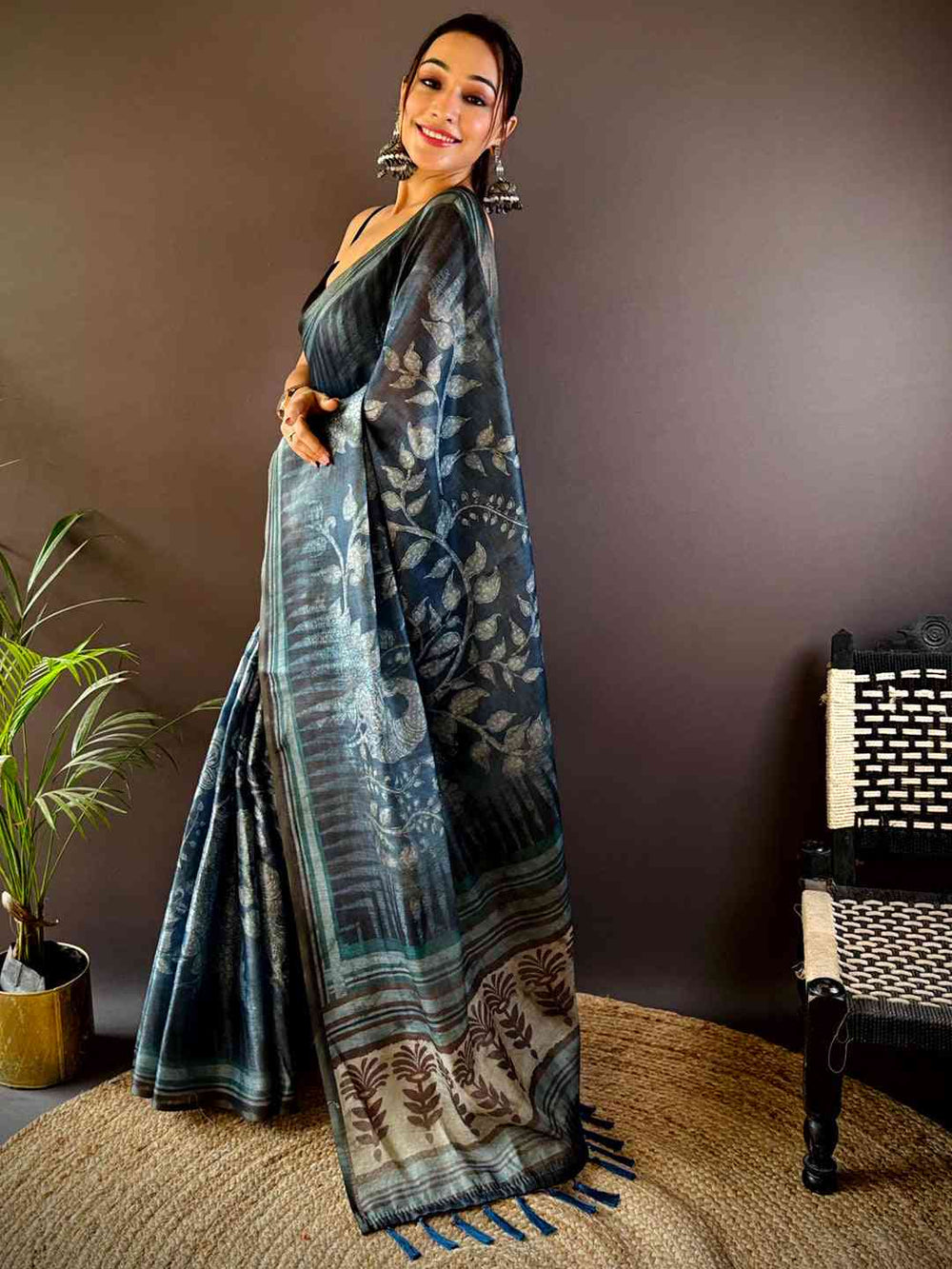 Deep Teal Floral Stripes Tissue Saree