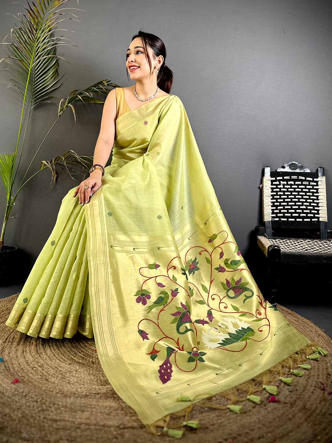 Lime Green Swan Minakari Linen Saree
