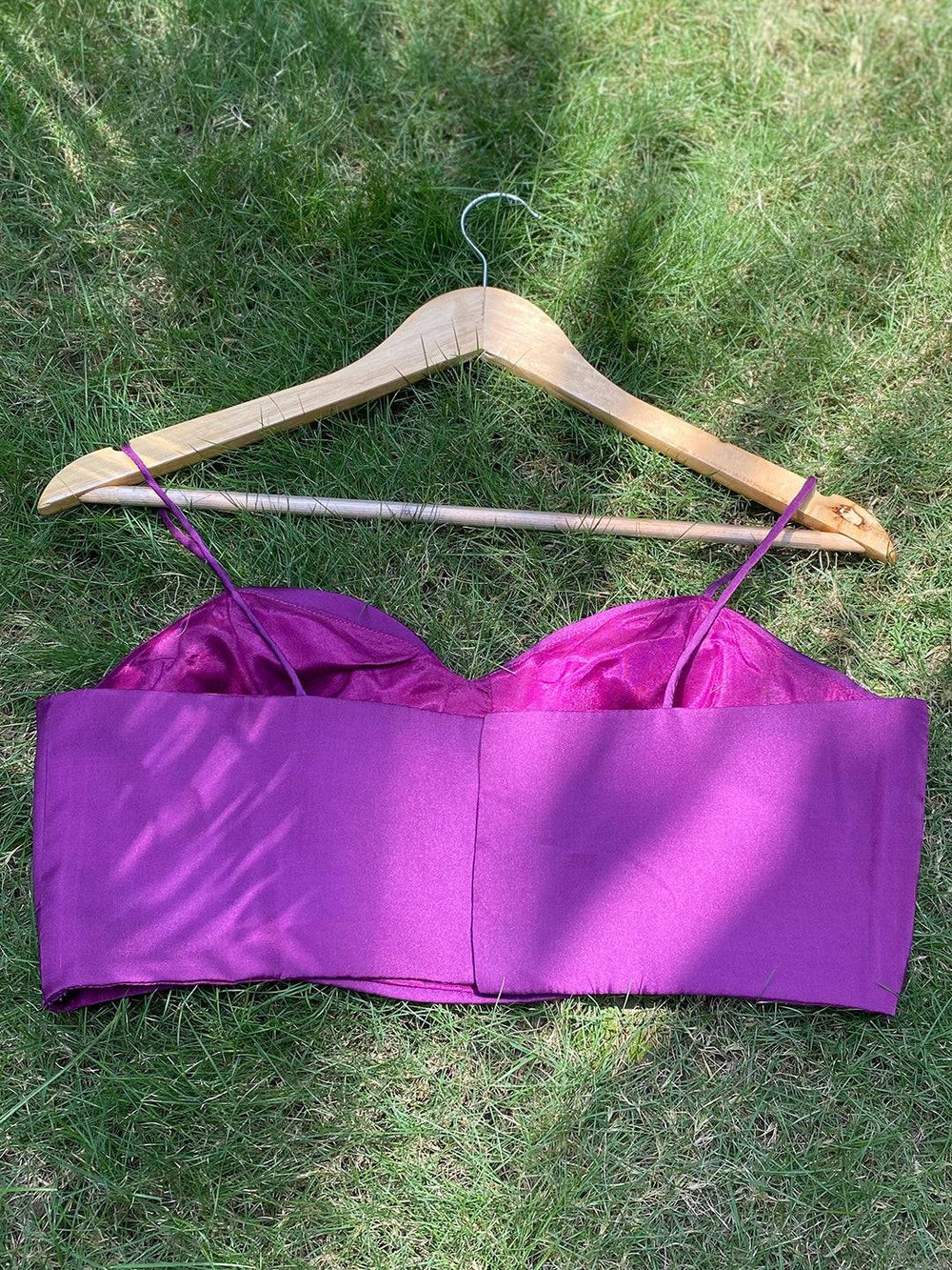 Back view of purple satin blouse for georgette saree