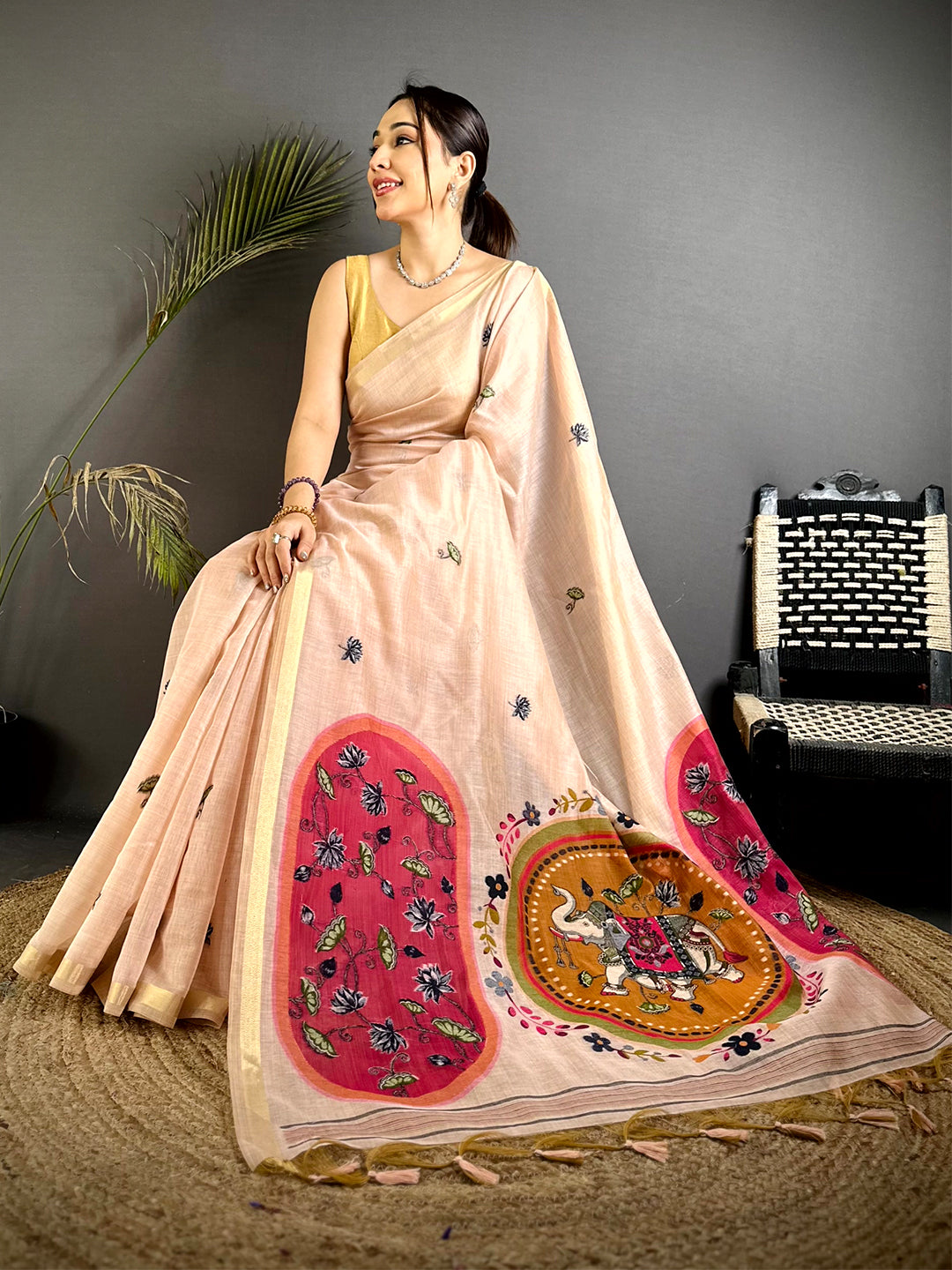 Heritage Pichwai Resham Work Linen Saree


