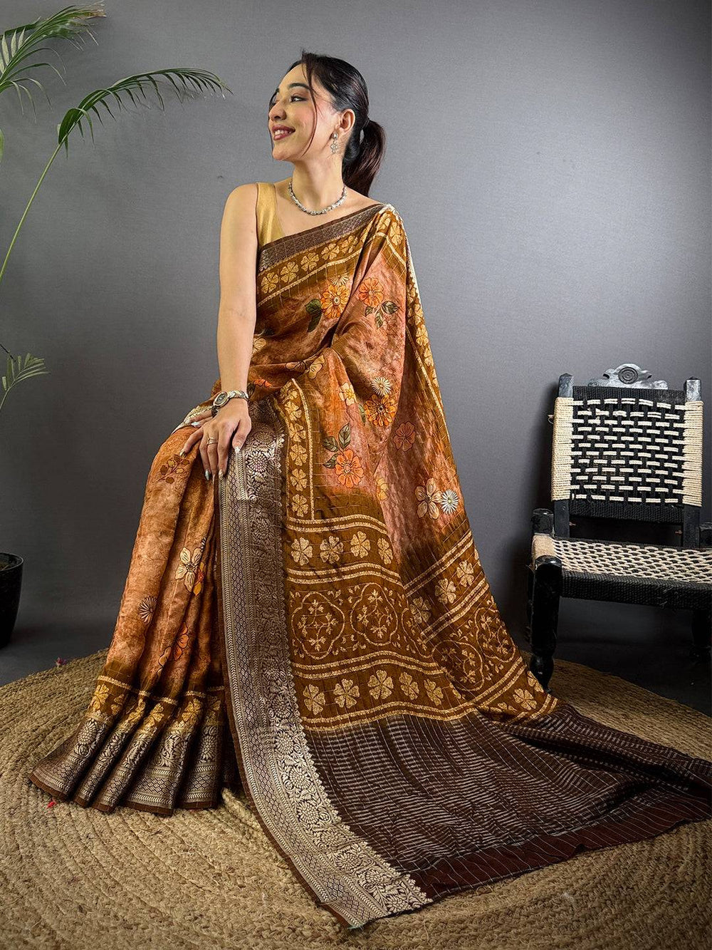 Copper Pure Viscose Floral Printed Saree