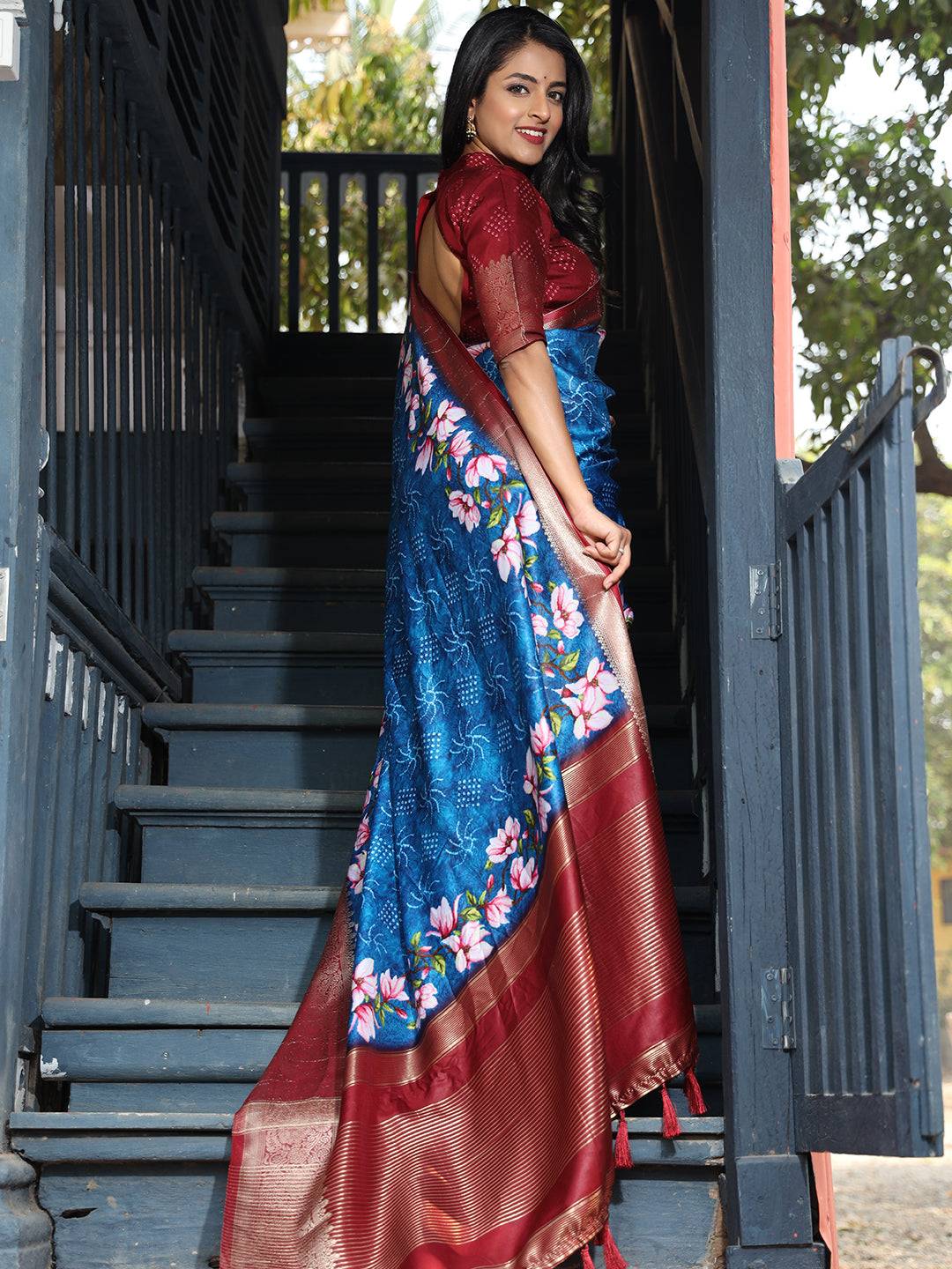 Royal Blue Pure Viscose Dola Silk Saree Floral Print Border