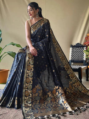 Stylish black Banarasi silk saree draped elegantly