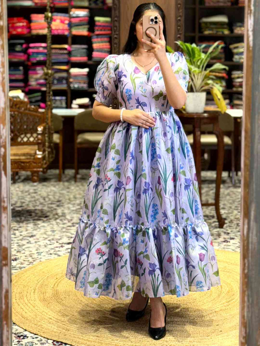 Lavender Floral Print Midi Dress