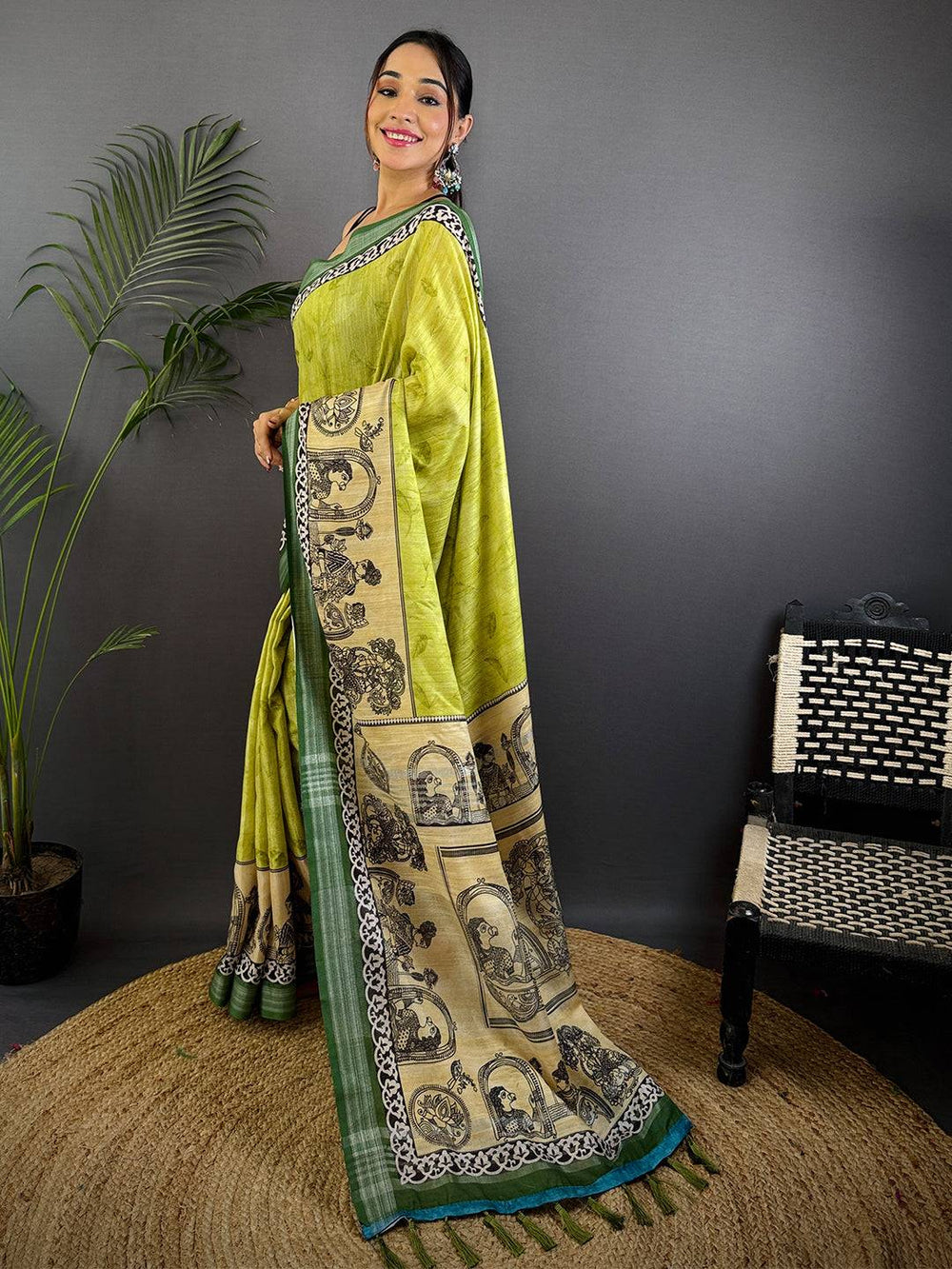 Olive Linen Kalamkari Printed Saree