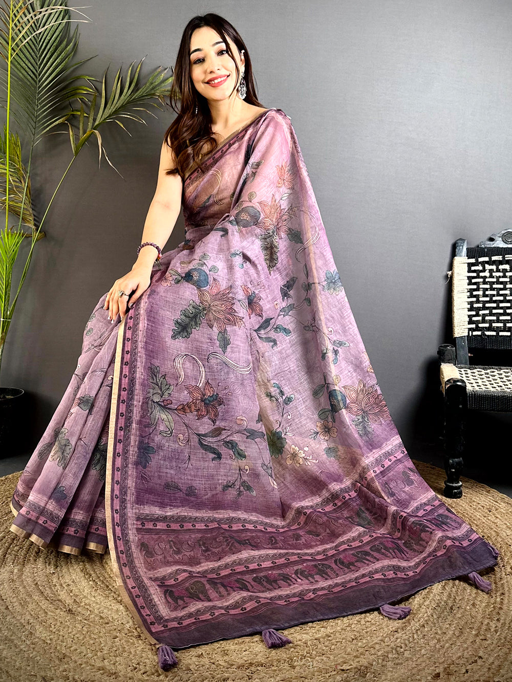 Artistic Dark Floral Linen Saree