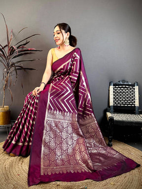 Wine Geometric Zari Weave Banarasi Saree