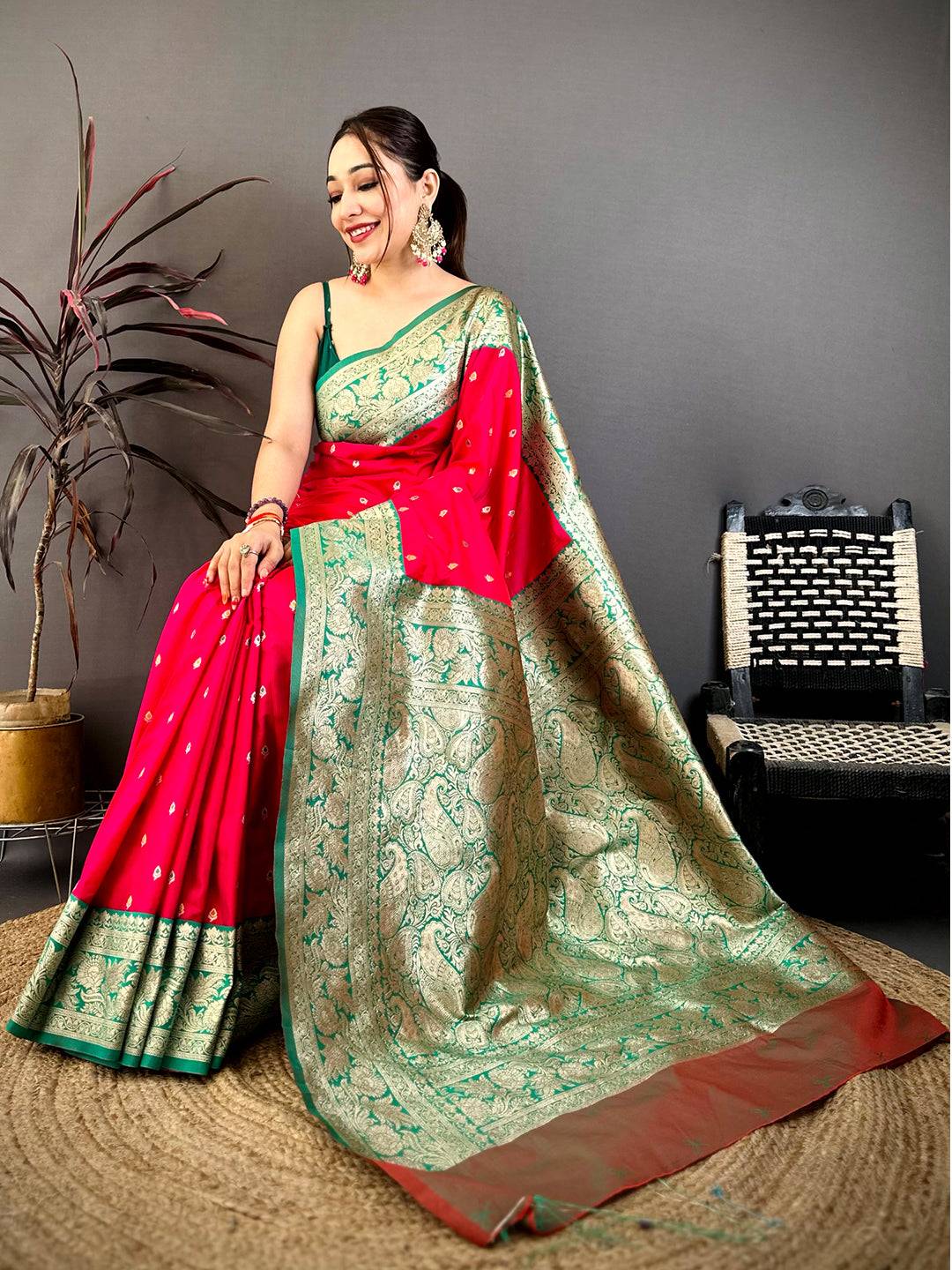 Bright Pink Soft Silk Kanjivaram Saree with intricate gold zari border