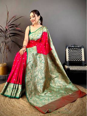 Bright Pink Soft Silk Kanjivaram Saree with intricate gold zari border