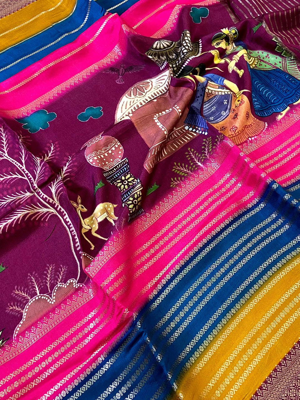 Vibrant Soft Silk Kalamkari Zari Stripe Saree