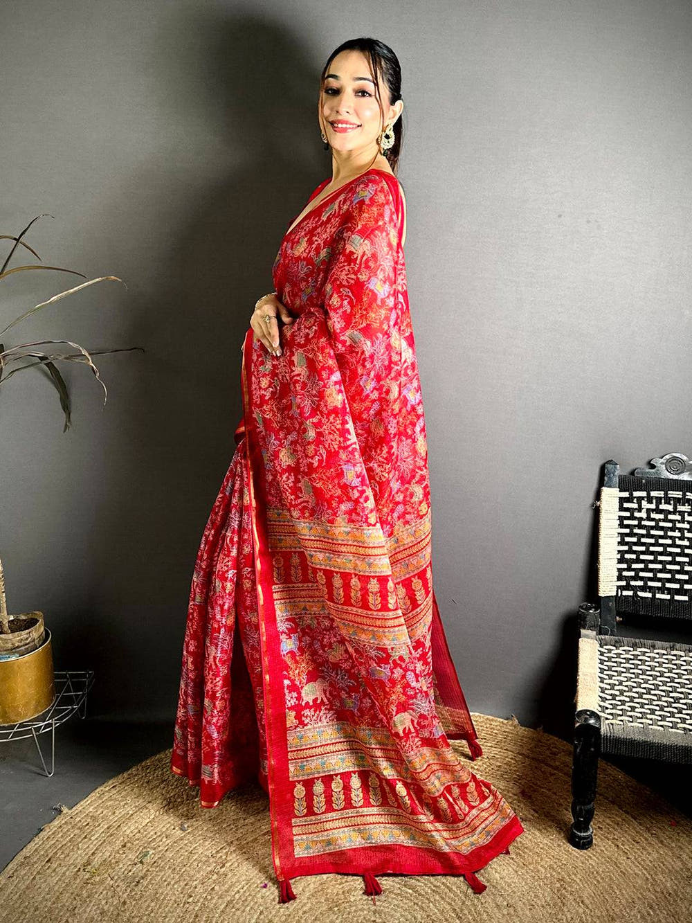 Red Kota Doriya Kalamkari Print Saree