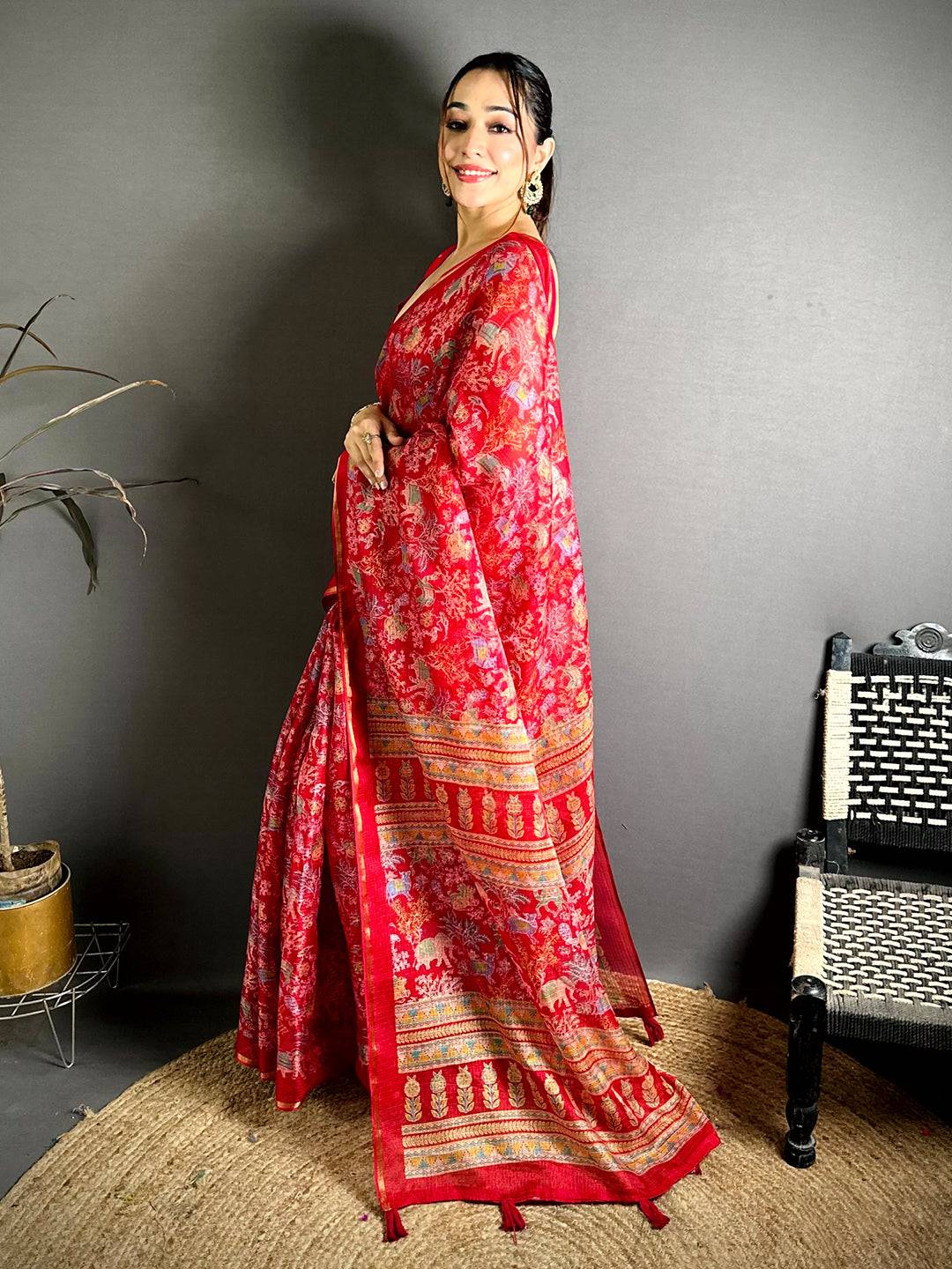 Red Kota Doriya Kalamkari Print Saree