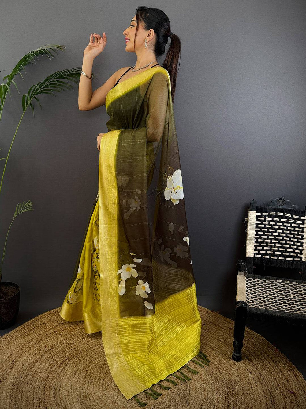 Olive Green Soft Organza Digital Print Saree