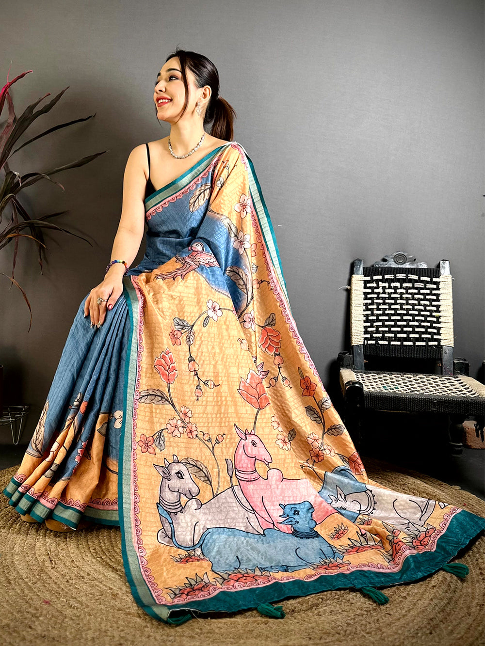Vibrant Tussar Ghicha Digital Art Saree