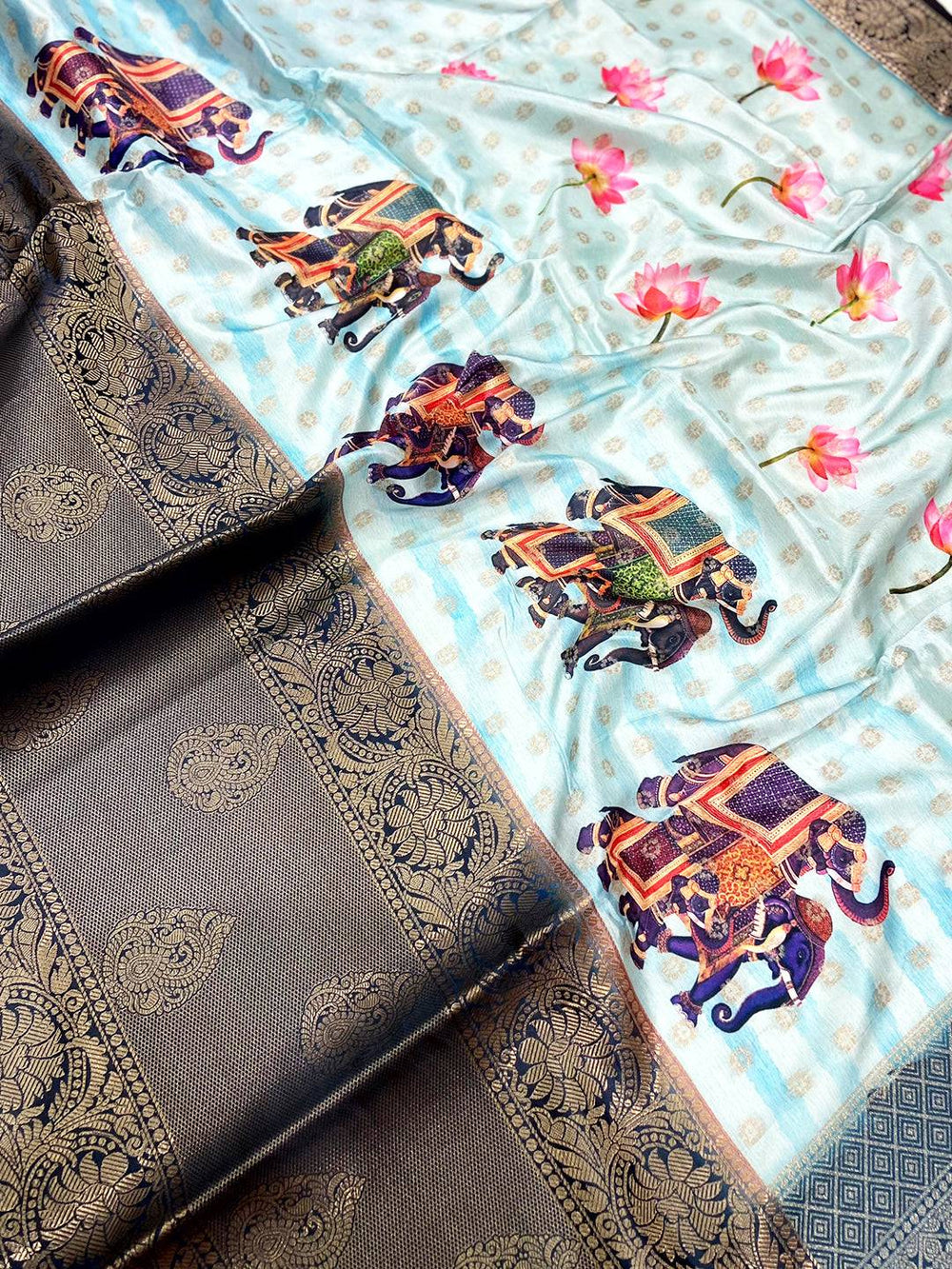 Sky Blue Digital Elephant Motifs Banarasi Saree