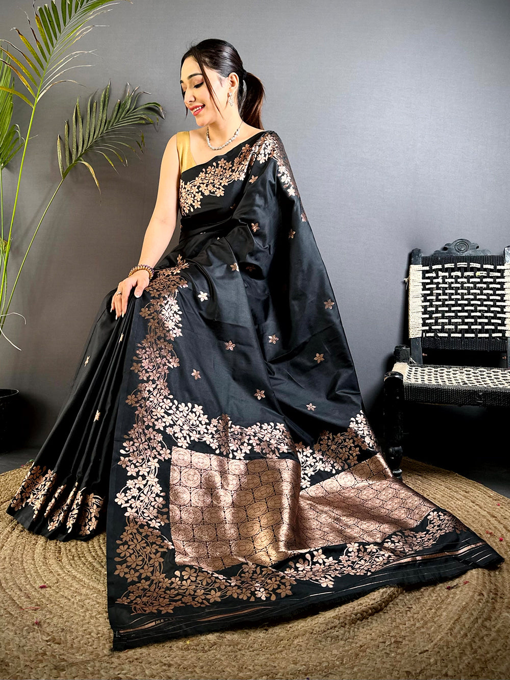 Rose Gold Blossom Soft Satin Silk Saree