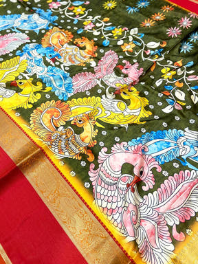 Vibrant Olive Banarasi Kalamkari Silk Saree