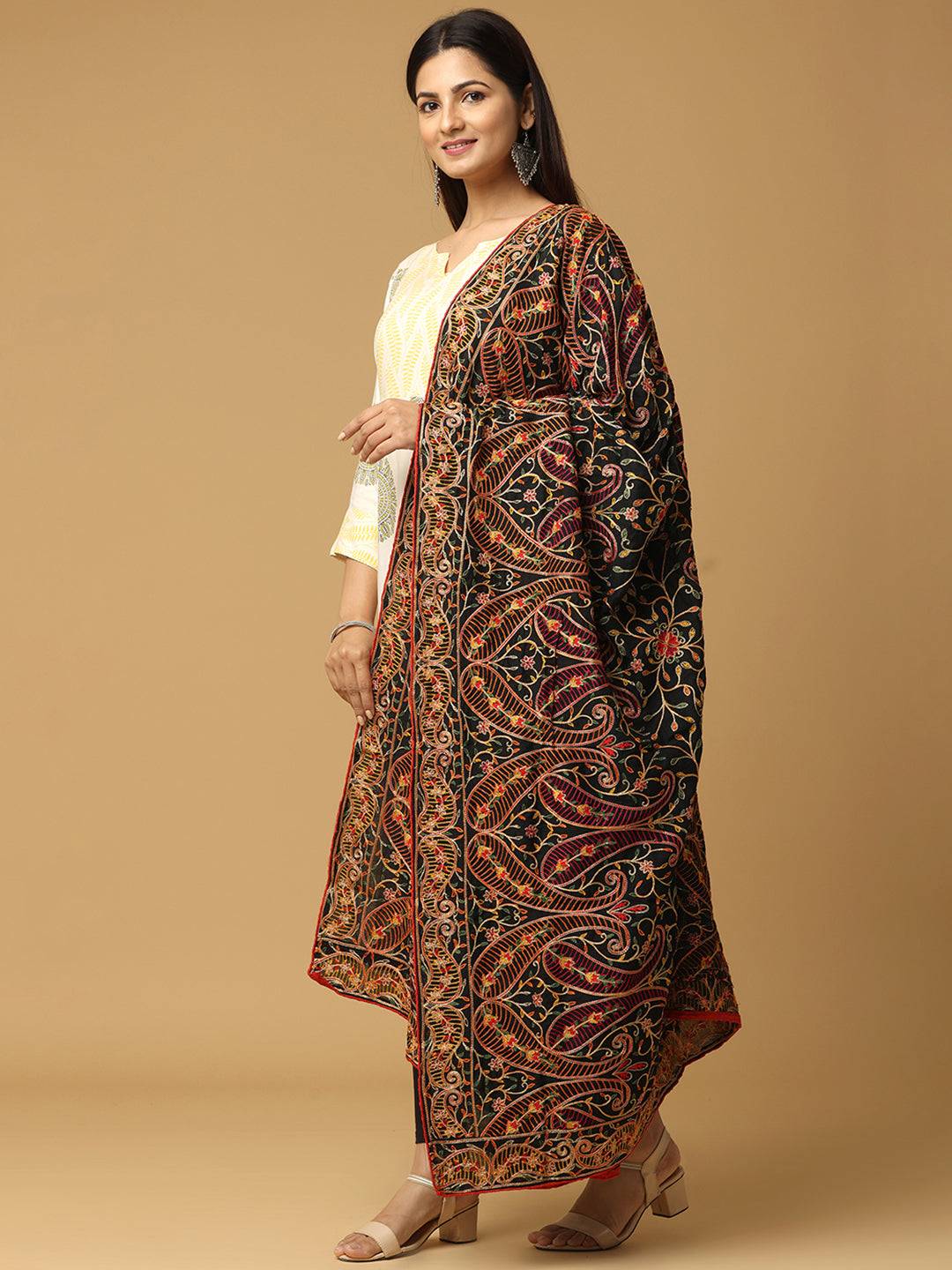 Elegant Black Pashmina Dupatta with Resham Embroidery