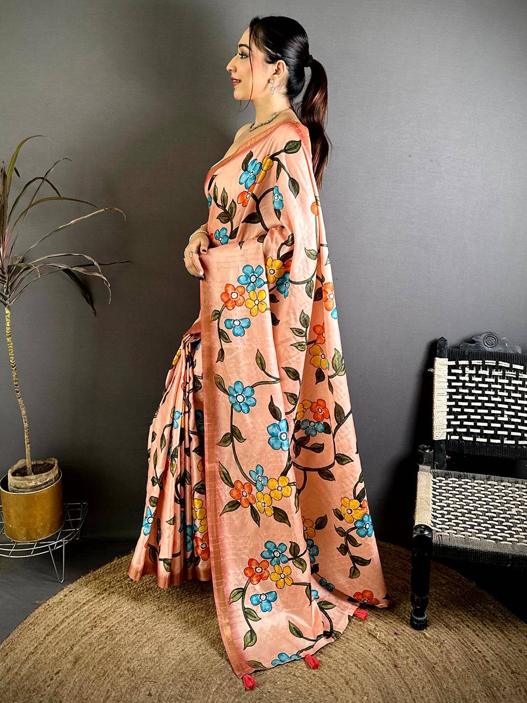 Celebrity Tussar Ghicha Kalamkari Print Saree