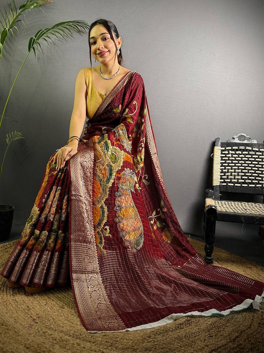 Deep Maroon Pure Viscose Kalalmkari Print Saree

