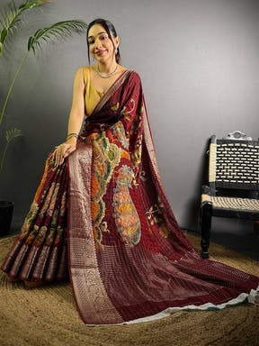 Deep Maroon Pure Viscose Kalalmkari Print Saree

