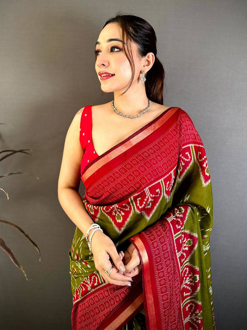 Olive Mul Cotton Ikkat Rudraksha Border Saree