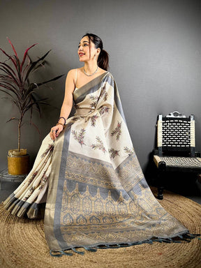 Grey Leaf Minakari Tussar Saree