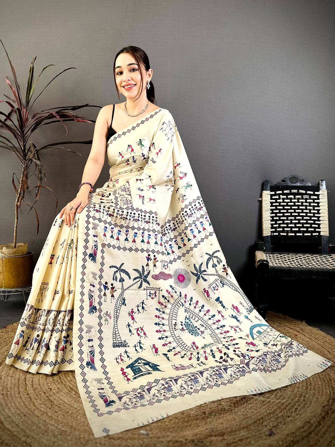 Stylish Soft Ghicha Tussar Warli Print Saree