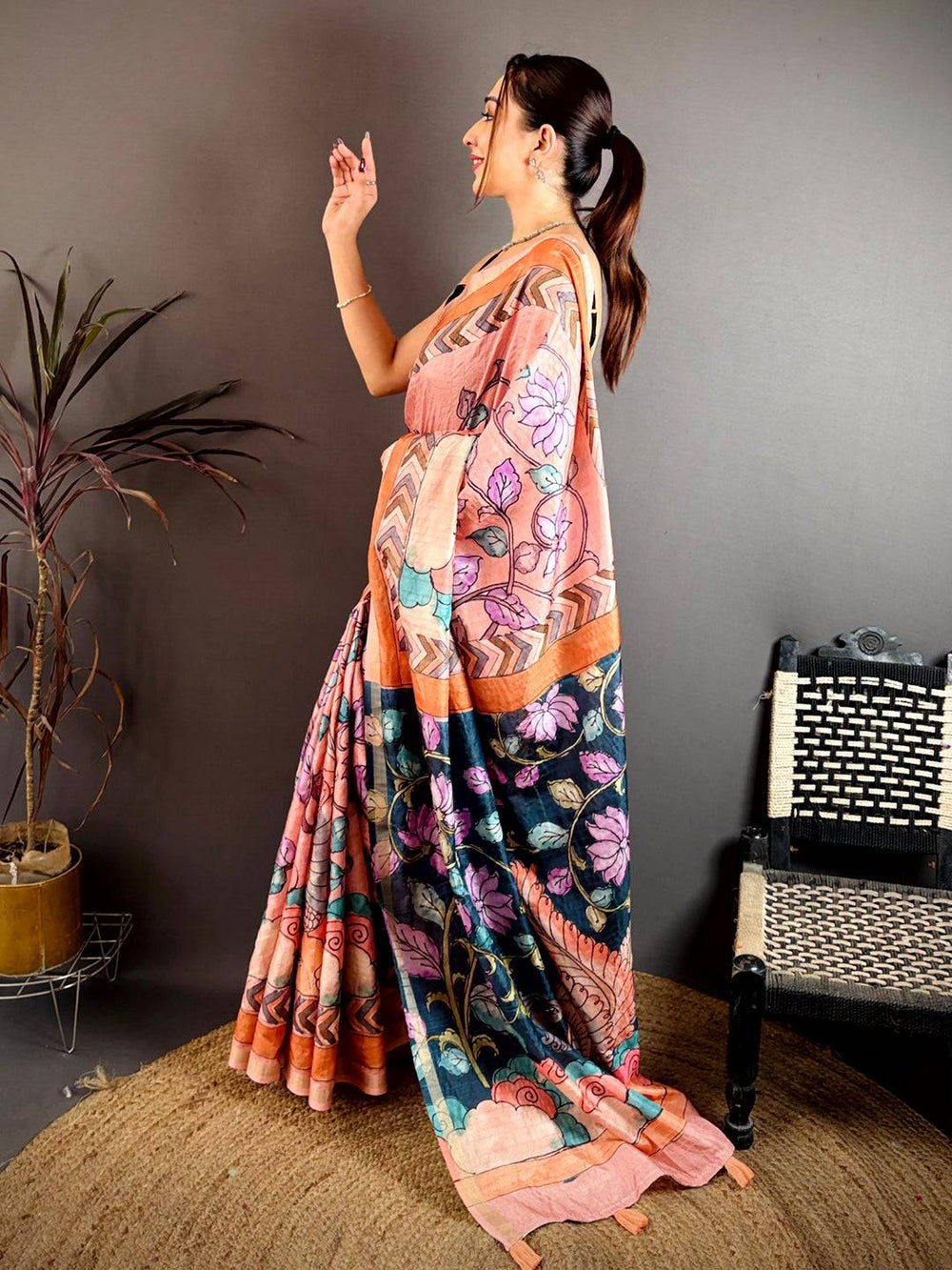 Heritage Pen Kalamkari Ghicha Tussar Saree