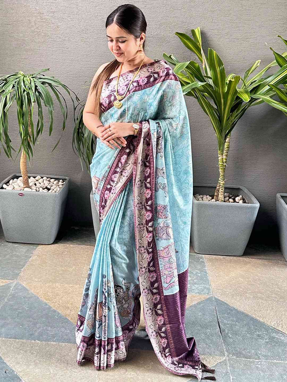 Traditional Turquoise Satin Kota Doria Saree with Zari Pallu