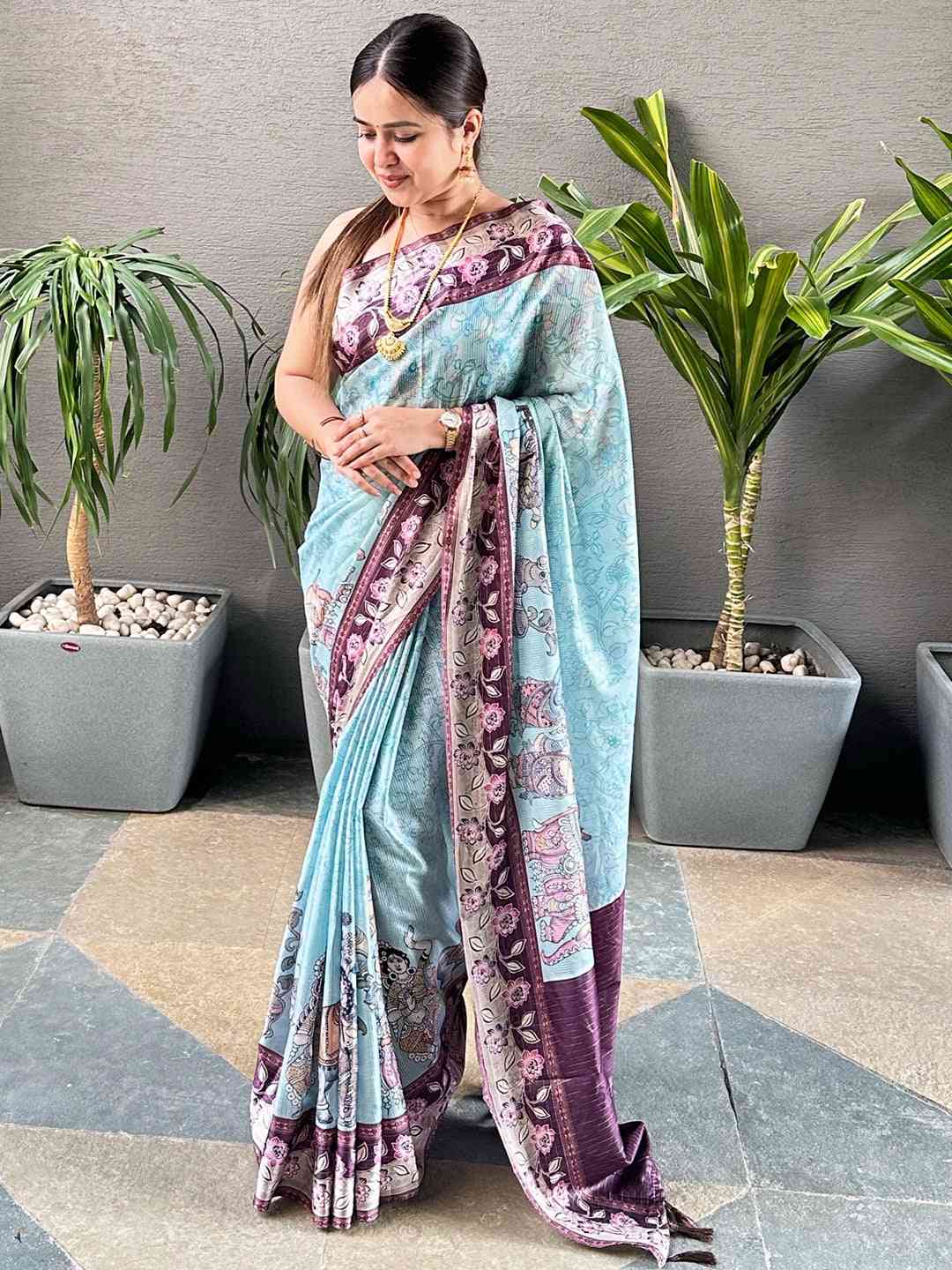 Traditional Turquoise Satin Kota Doria Saree with Zari Pallu