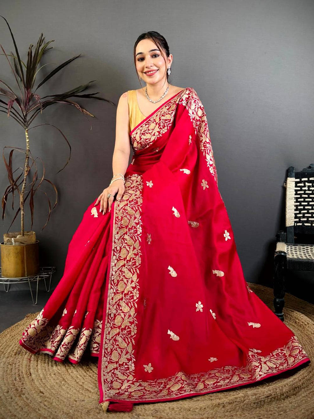 Pink Aari Bird Work Soft Satin Saree