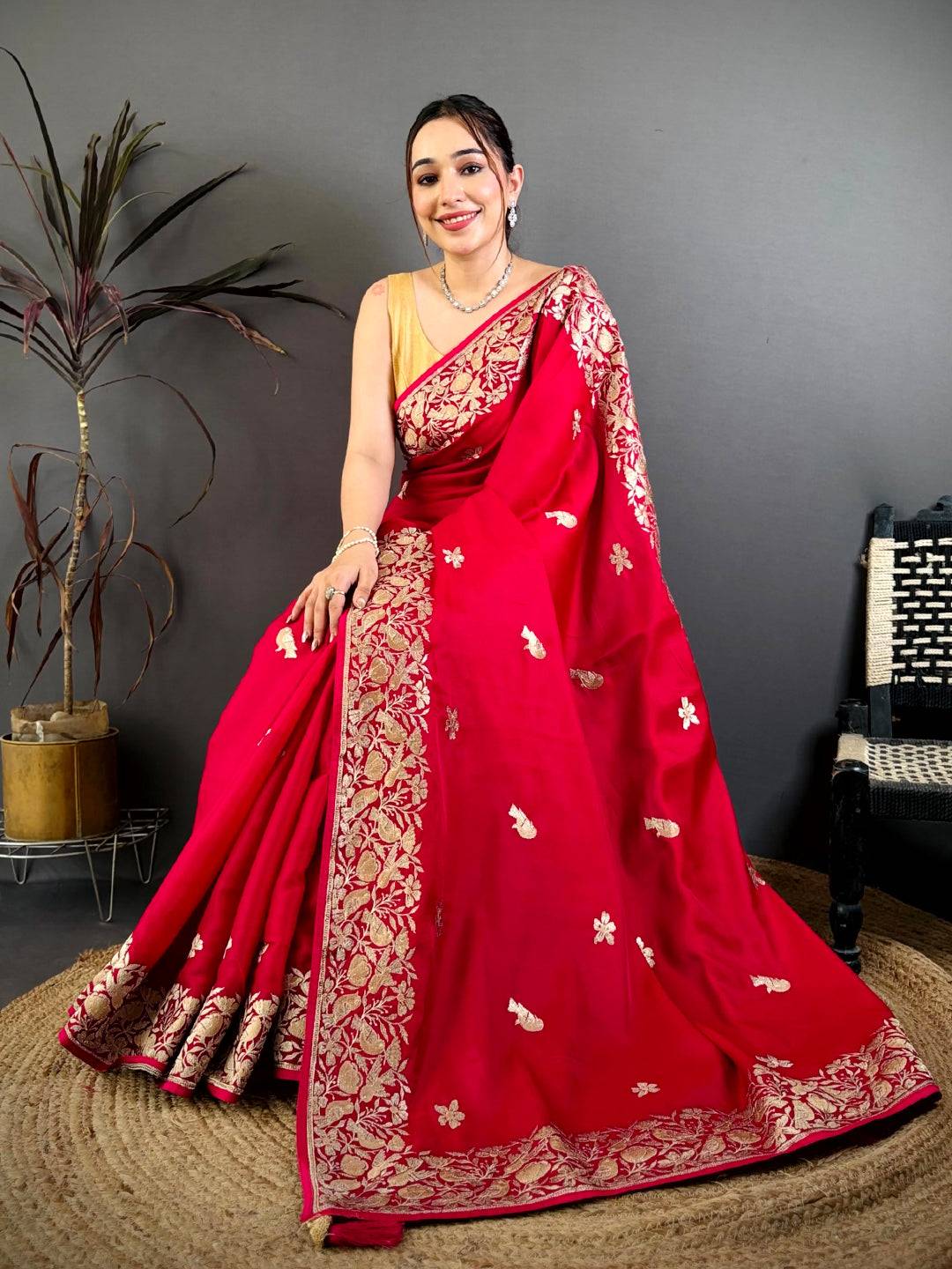 Pink Aari Bird Work Soft Satin Saree
