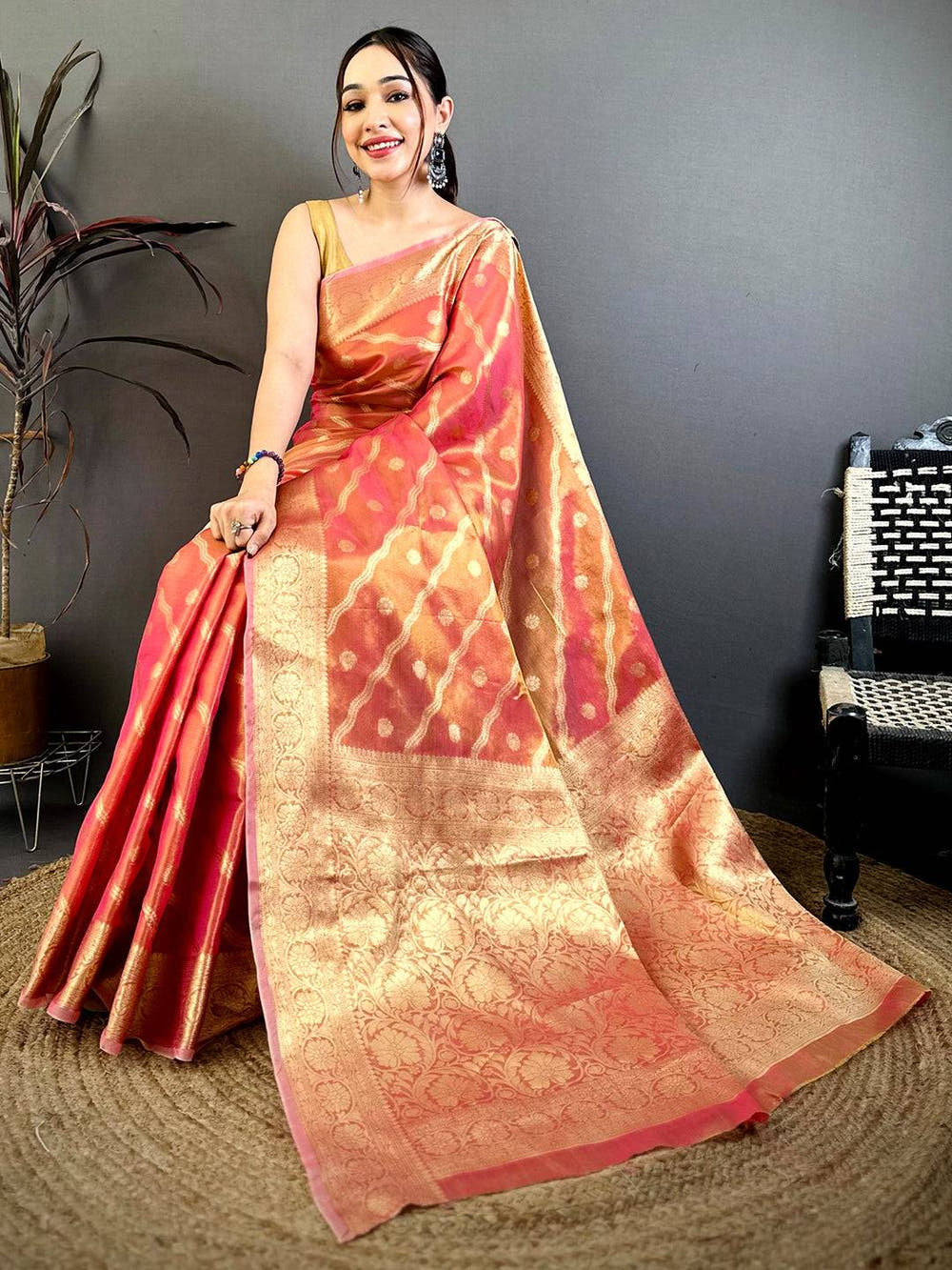 Coral Glass Crush Tissue Leheriya Saree